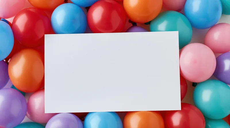 Blank white card surrounded by colorful balloons forming a border for design placement
