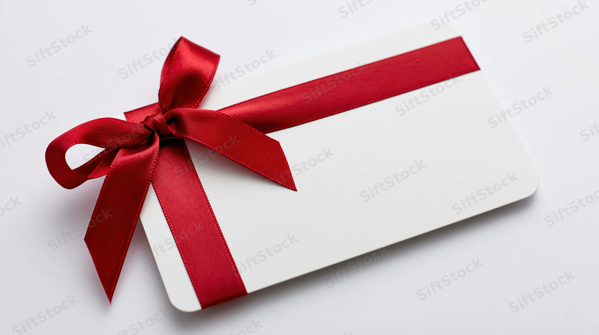 Blank white gift card with red satin ribbon bow on white background