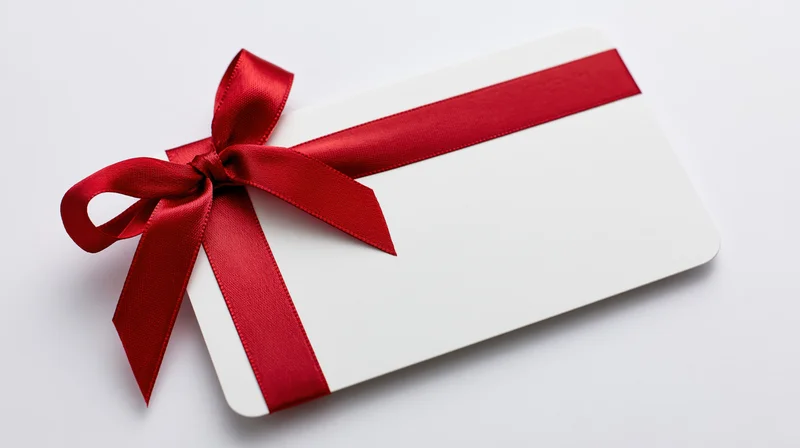 Blank white gift card with red satin ribbon bow on white background