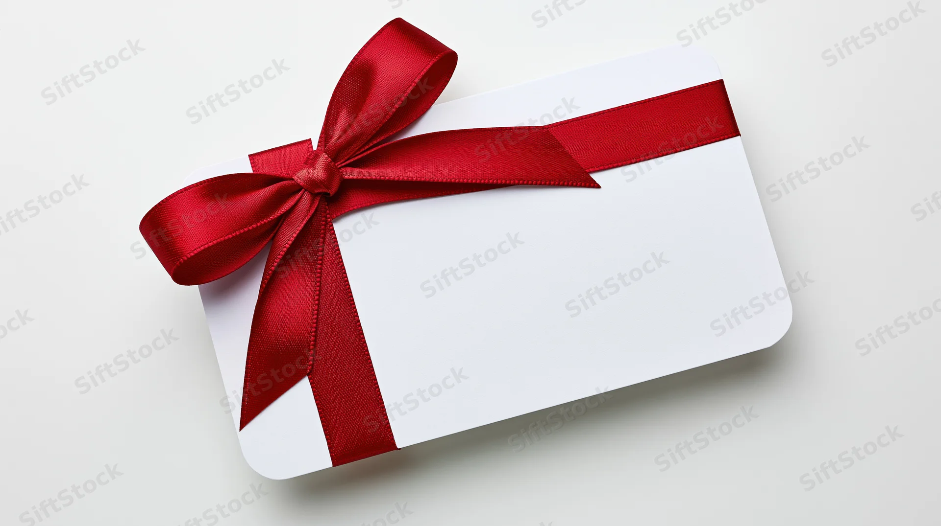 White gift card with red ribbon bow on plain background