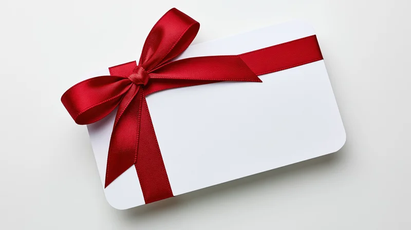 White gift card with red ribbon bow on plain background