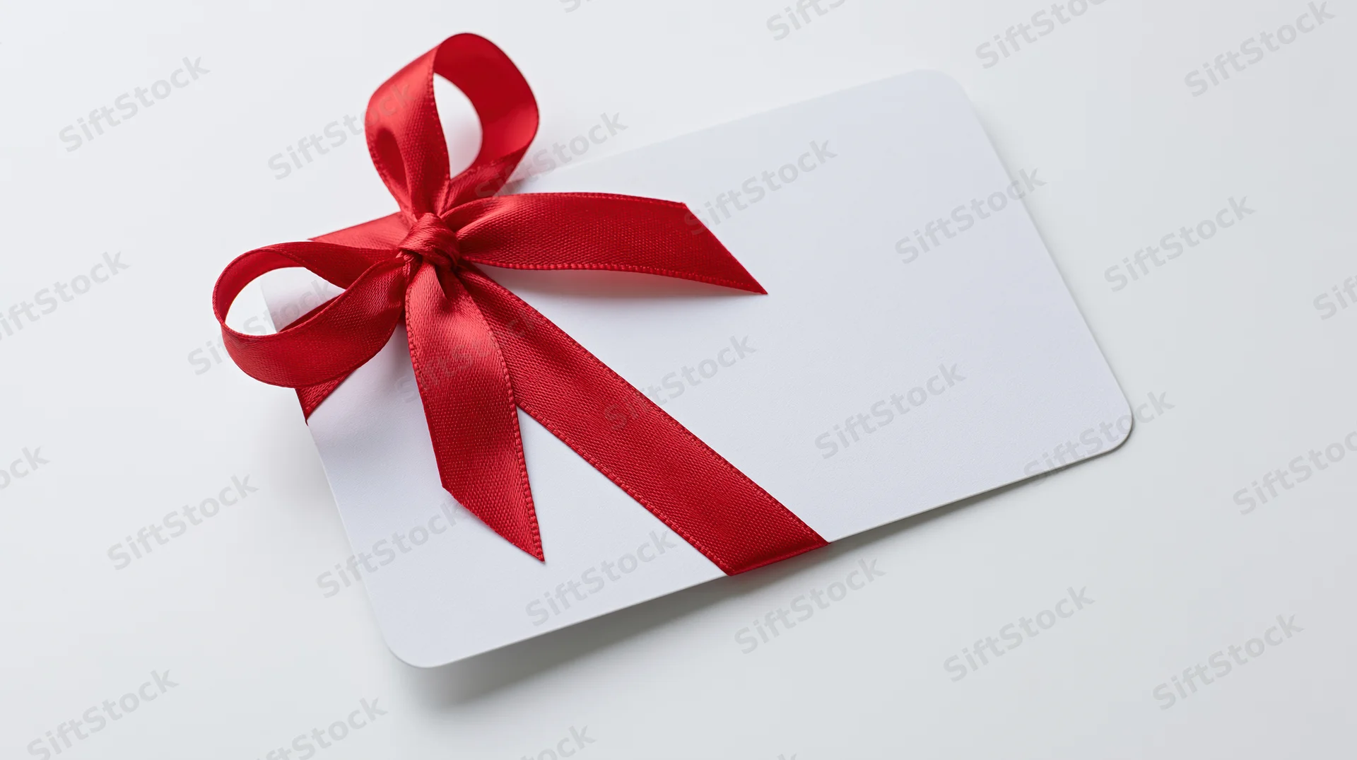 Blank white gift card with red ribbon bow on white background