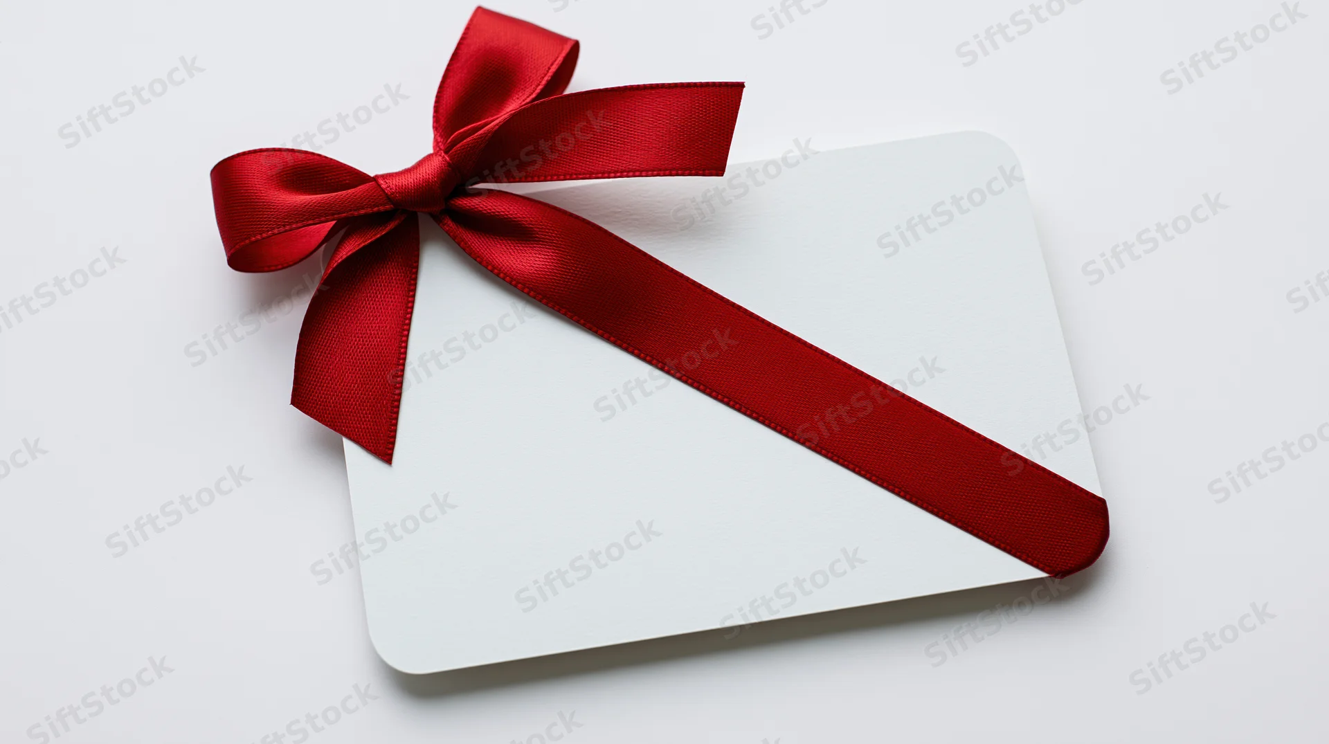 White gift card with red satin ribbon bow on plain white background