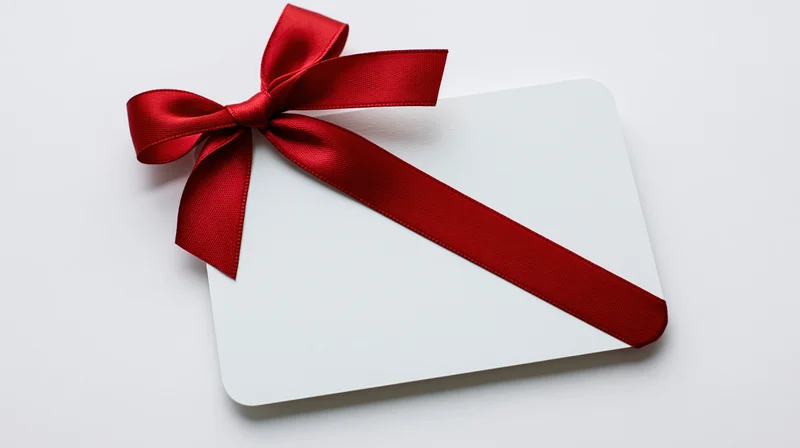 White gift card with red satin ribbon bow on plain white background