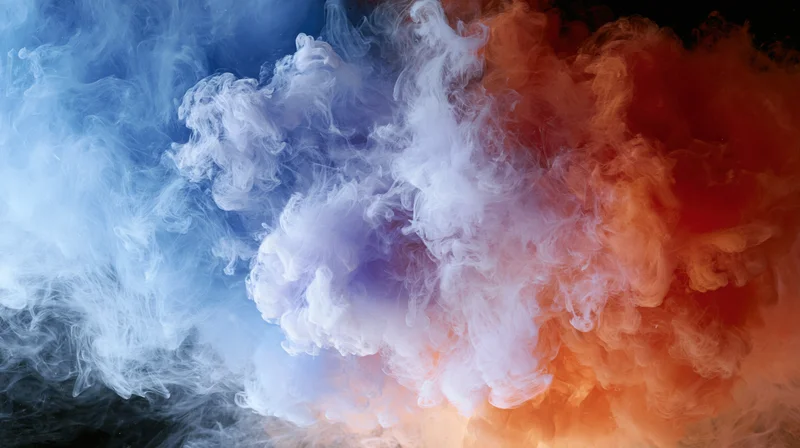 Blue and red ink clouds dispersing and colliding in water