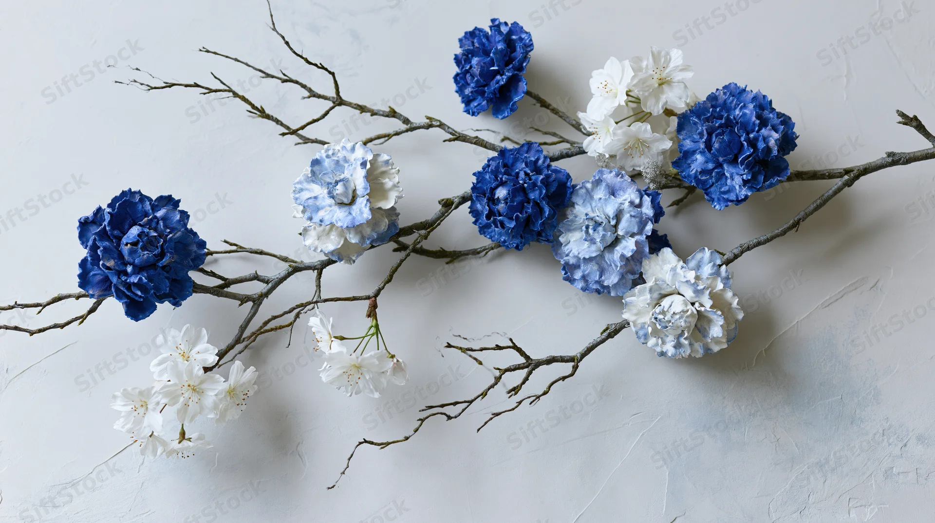 Blue and white ceramic-style peony and cherry blossom flowers arranged on a textured white surface