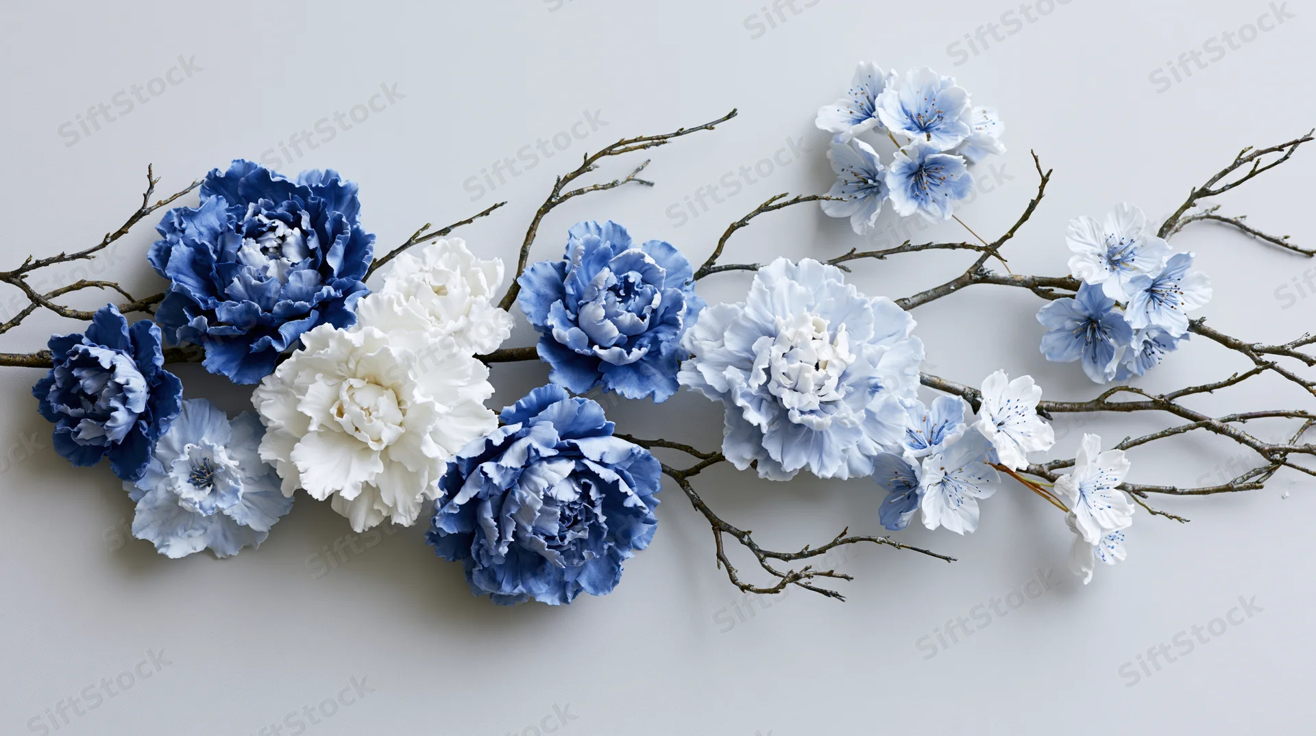 Blue and white ceramic-style peonies and cherry blossoms arranged on branches against a light background