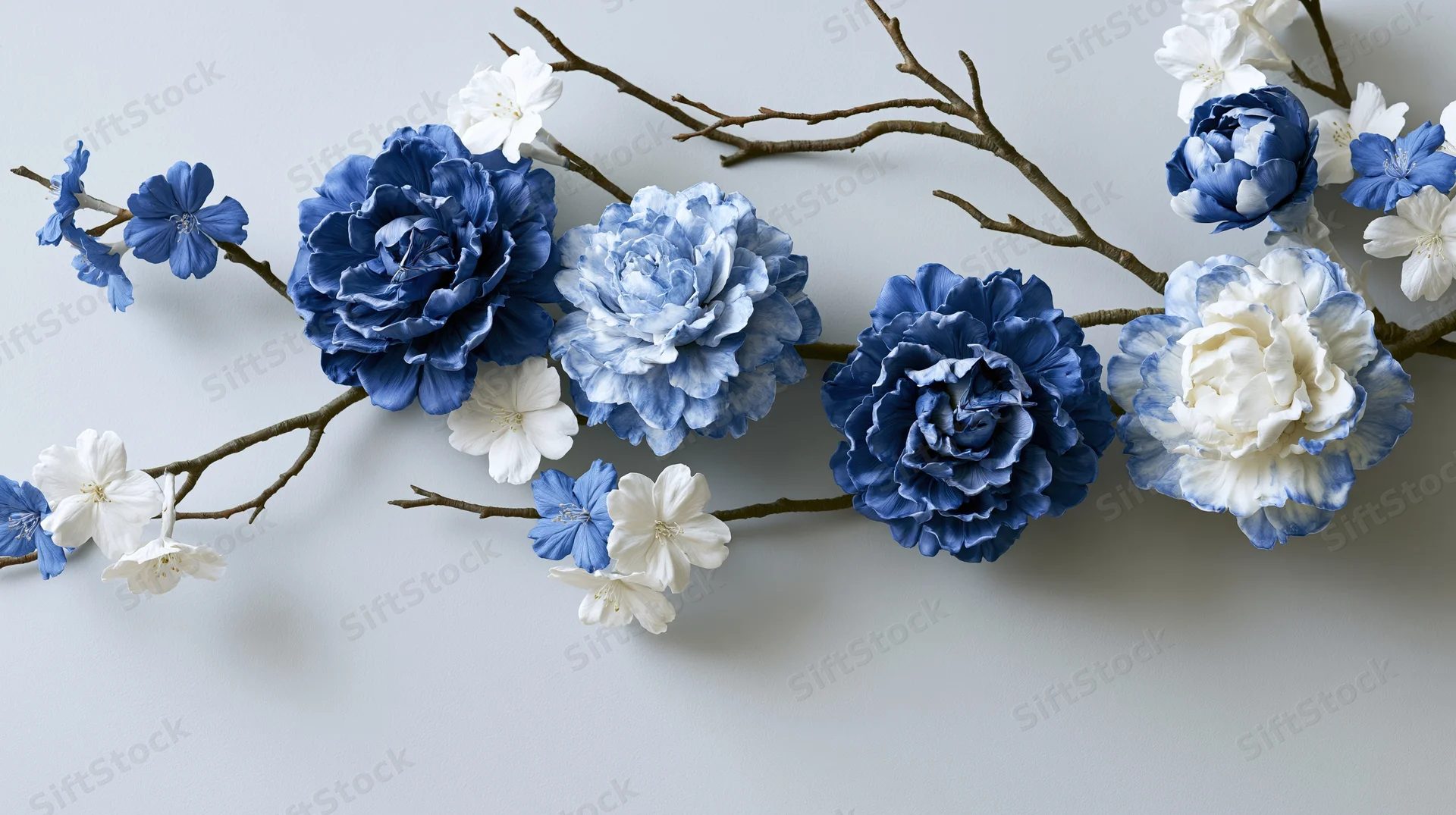 Blue and white ceramic-style peonies and cherry blossoms arranged on branches against a light background
