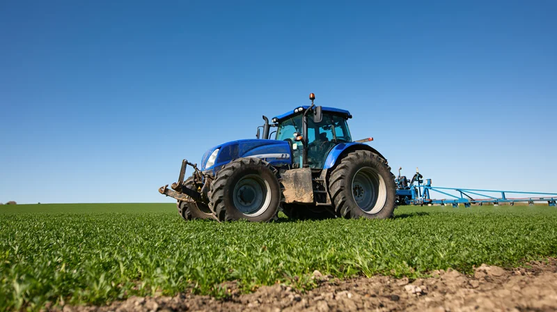Blue tractor pulling spray boom across green field under clear sky