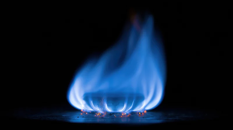 Blue gas flame burning in darkness isolated against black background