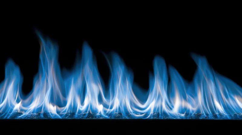 Blue gas flames burning low across the bottom of the frame against black background