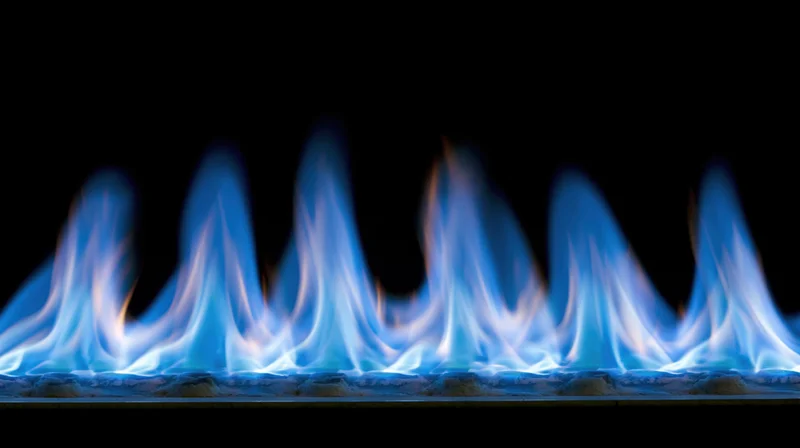 Blue gas flames burning low across a stove burner against black background
