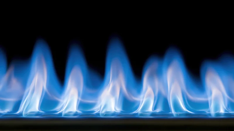 Blue gas flames burning steadily across a stove burner against a black background
