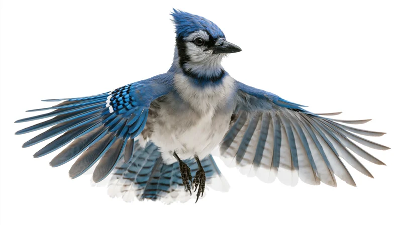Blue jay in mid-flight with wings fully spread isolated on white background