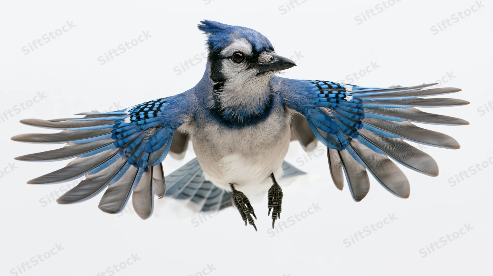 Blue jay in mid-flight with wings fully spread against white background