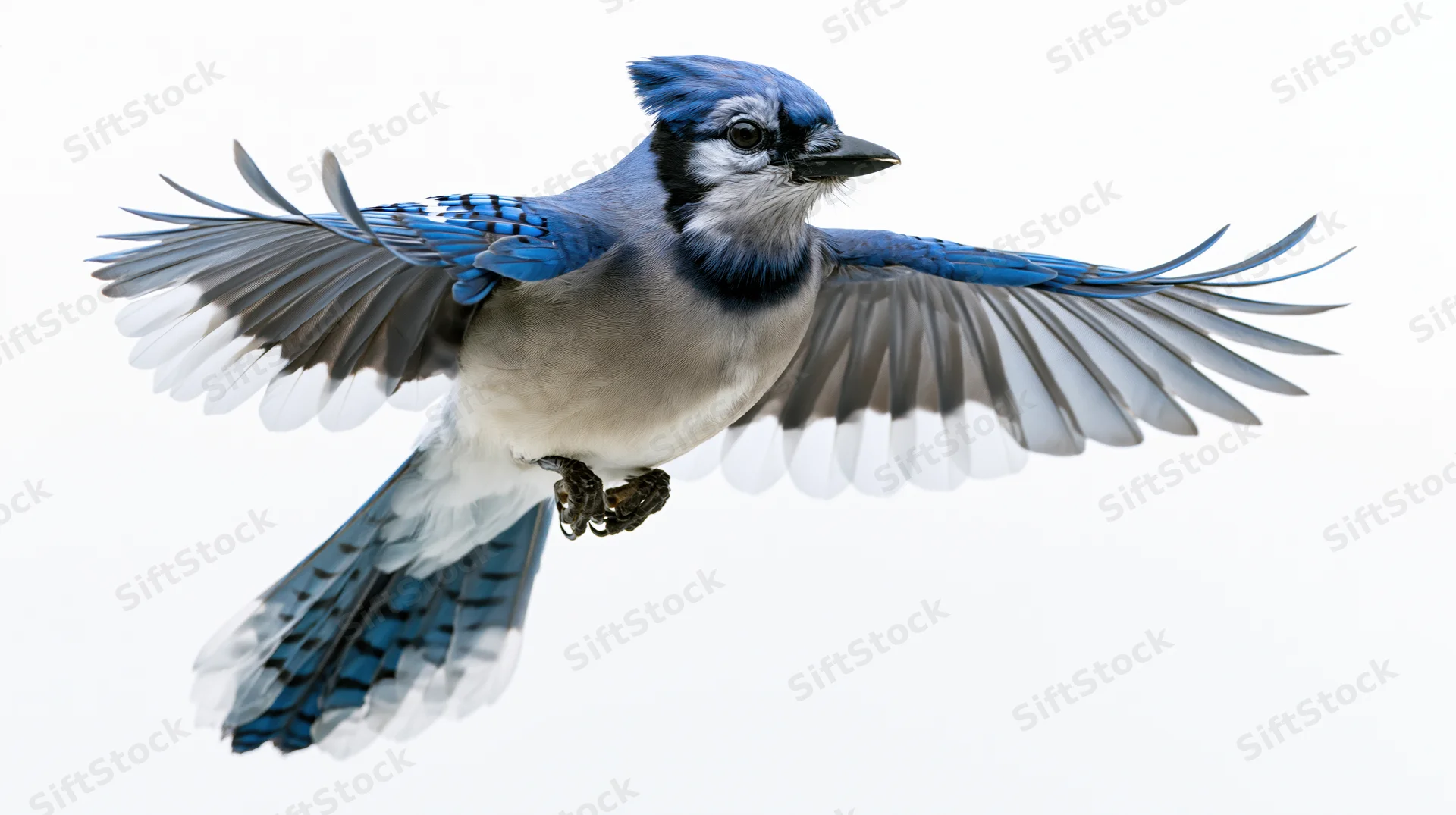 Blue jay in mid-flight with wings fully spread against white background