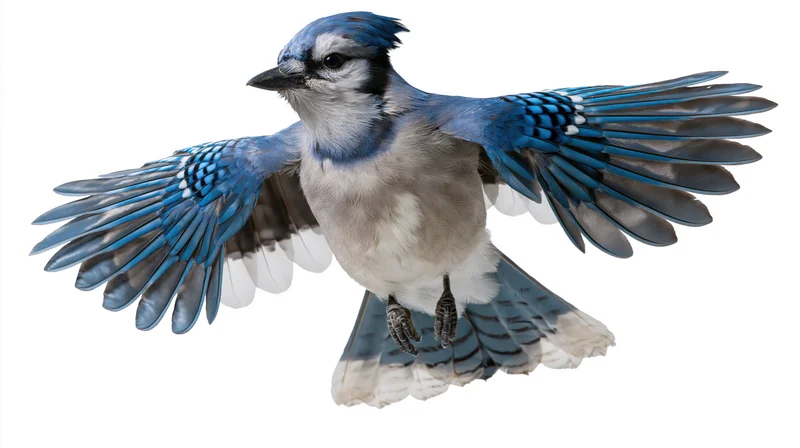 Blue jay in mid-flight with wings fully spread isolated on white background