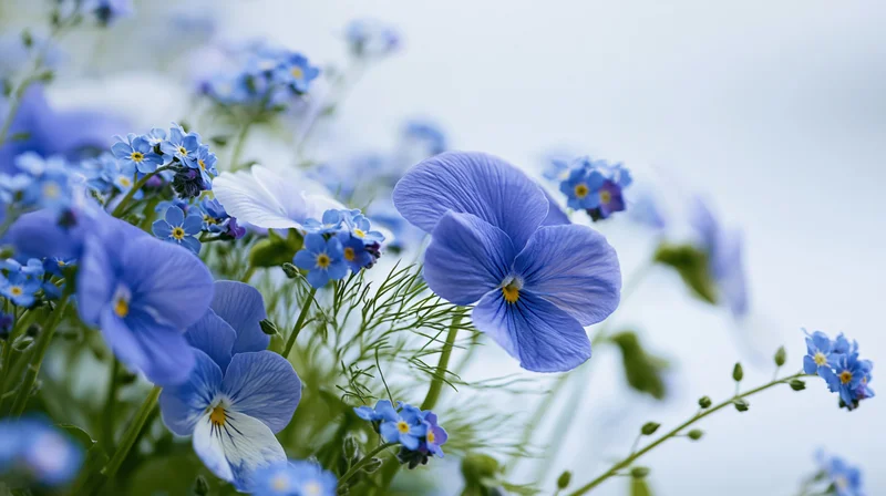 Blue pansy flowers and small forget-me-nots clustered together in a garden setting