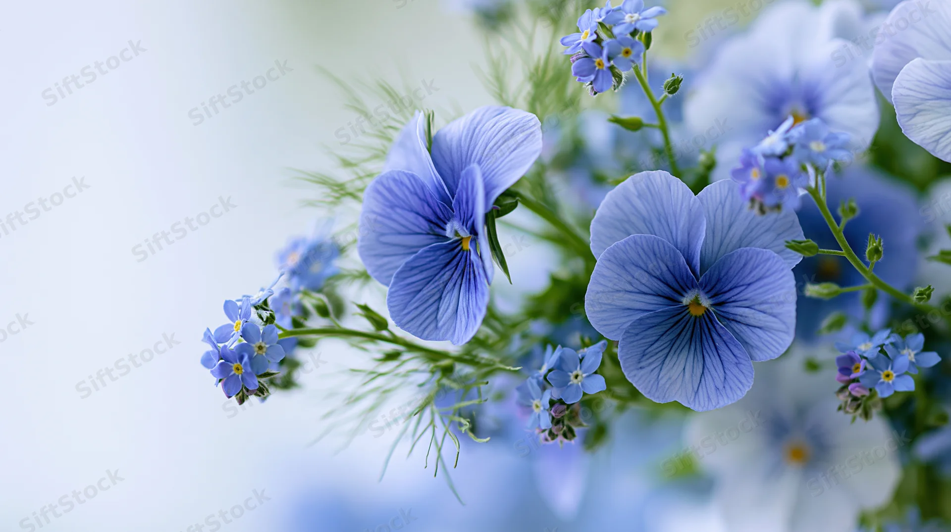 Blue pansy flowers and small forget-me-nots clustered together in a soft spring floral arrangement