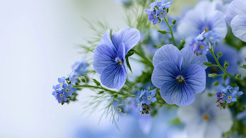 Blue pansy flowers and small forget-me-nots clustered together in a soft spring floral arrangement
