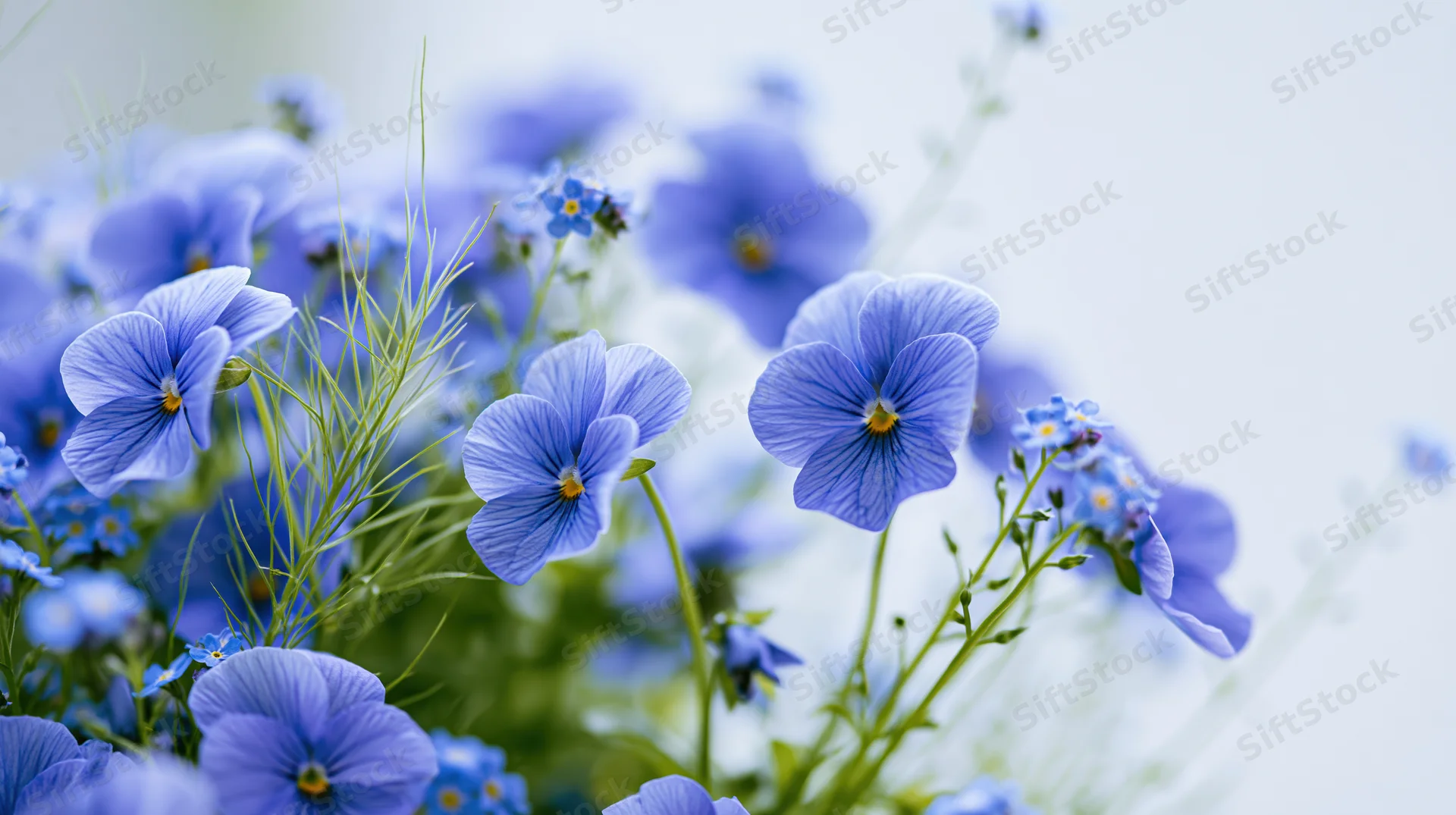 Blue pansy flowers and small forget-me-nots clustered together in a soft-focus garden arrangement