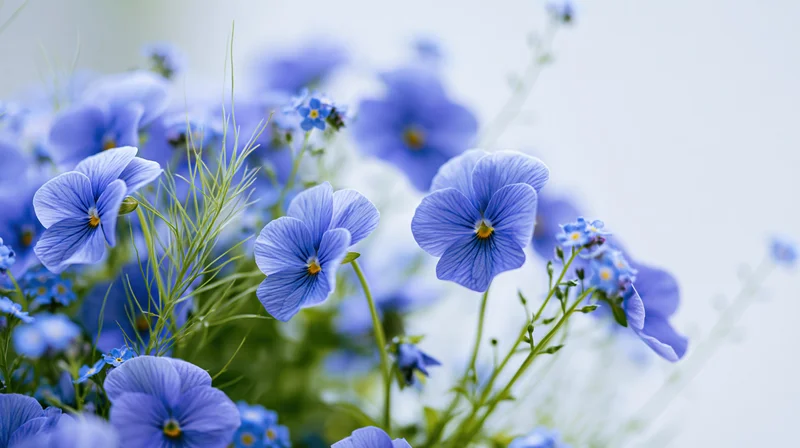 Blue pansy flowers and small forget-me-nots clustered together in a soft-focus garden arrangement