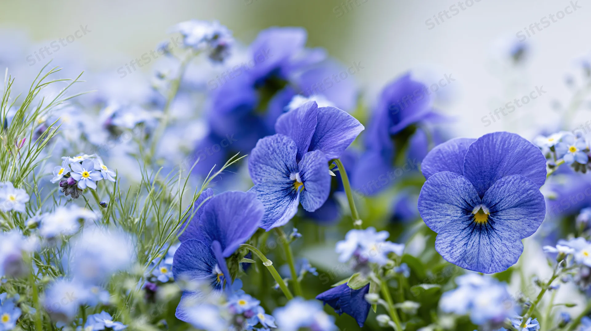 Blue pansy flowers and small forget-me-nots blooming in a garden meadow