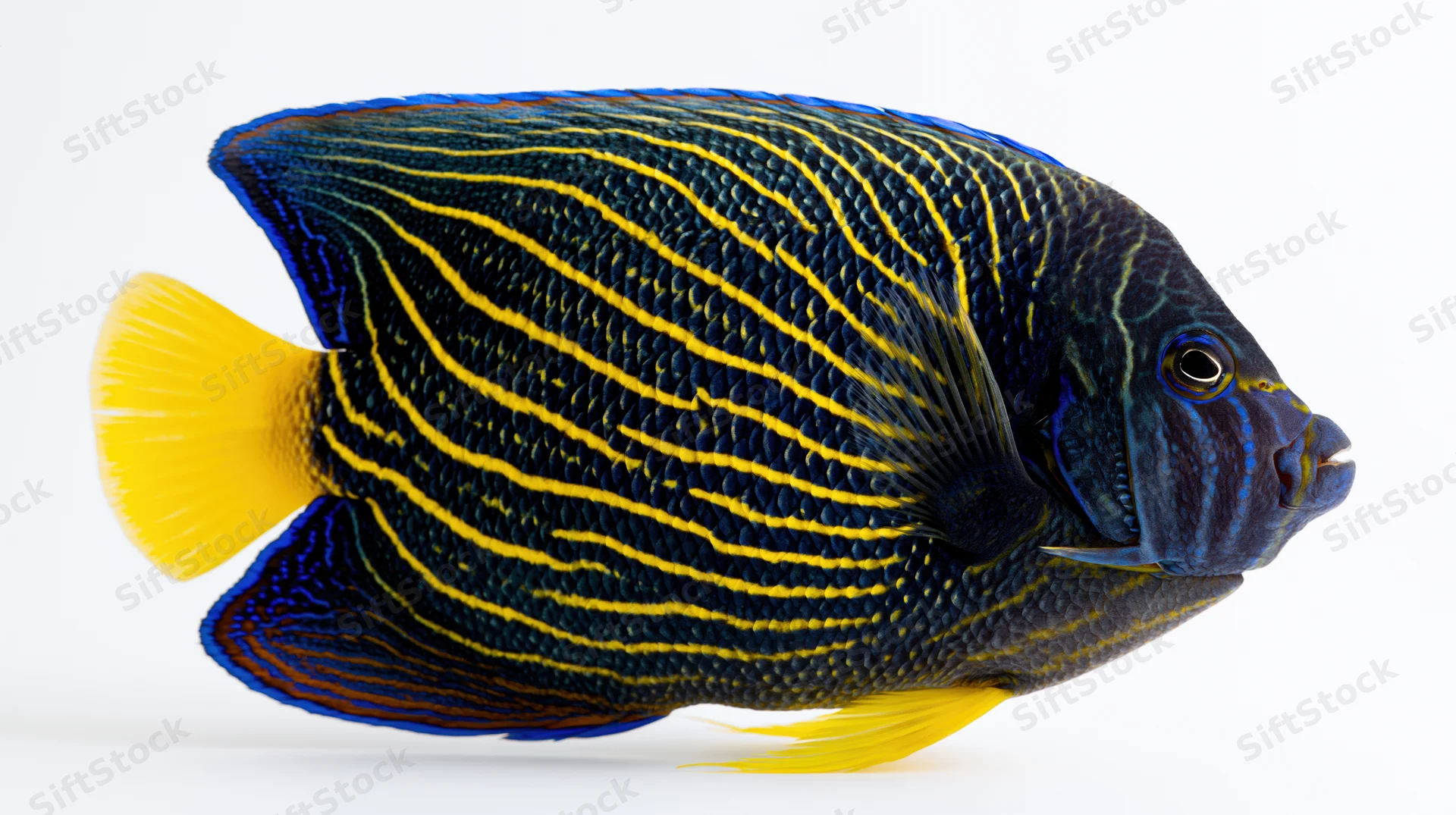 Blue ring angelfish pomacanthus annularis in side profile against white background