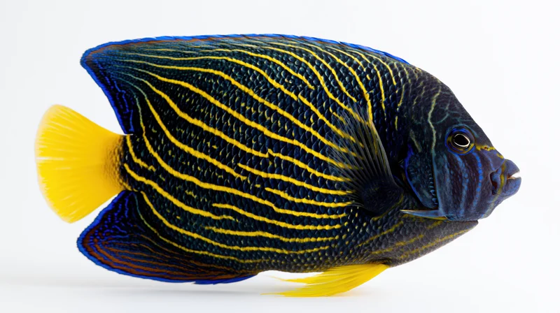 Blue ring angelfish pomacanthus annularis in side profile against white background