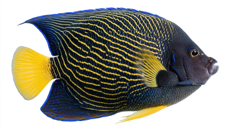 Blue ring angelfish with yellow and blue striped pattern isolated on white background