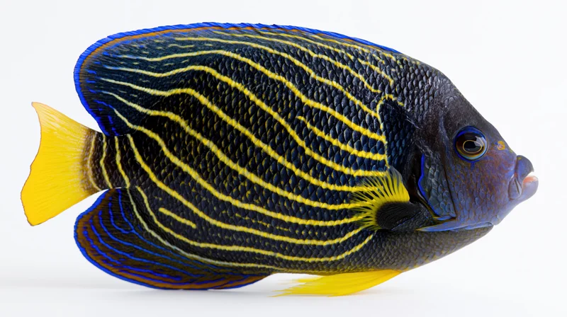 Blue ring angelfish with yellow stripes and blue body isolated on white background