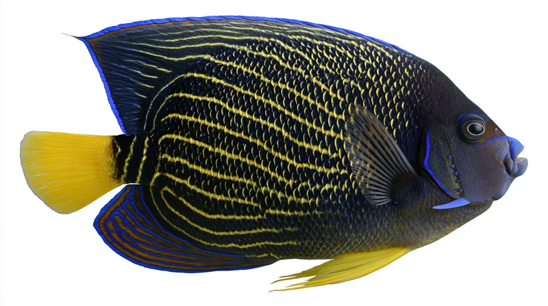 Blue ring angelfish pomacanthus annularis in side profile isolated on white background