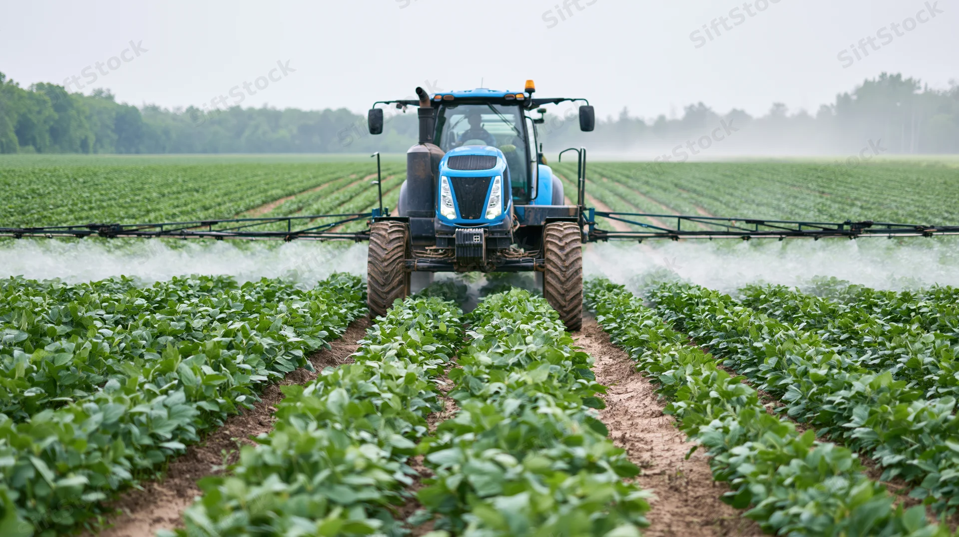 Blue tractor spraying crops in a soybean field