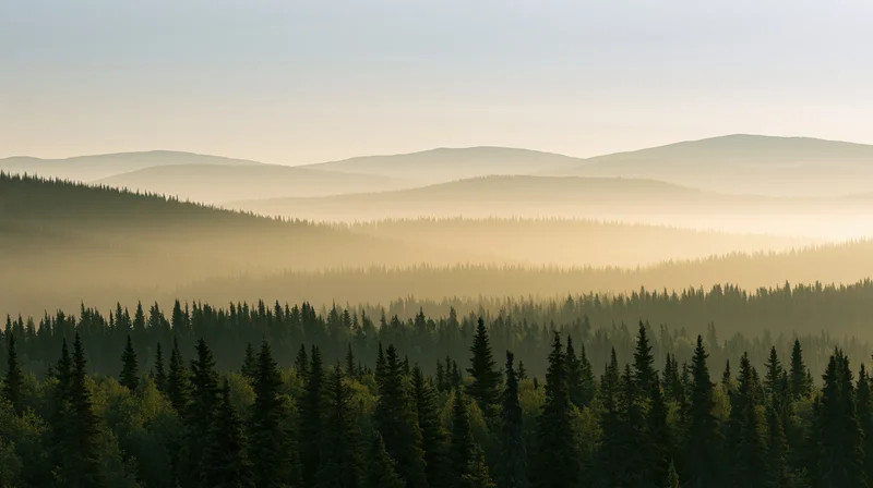 Boreal forest of spruce and pine trees under morning haze with layered mountains in the distance