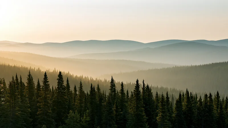 Boreal forest of spruce and pine trees under morning haze with layered mountains in the distance
