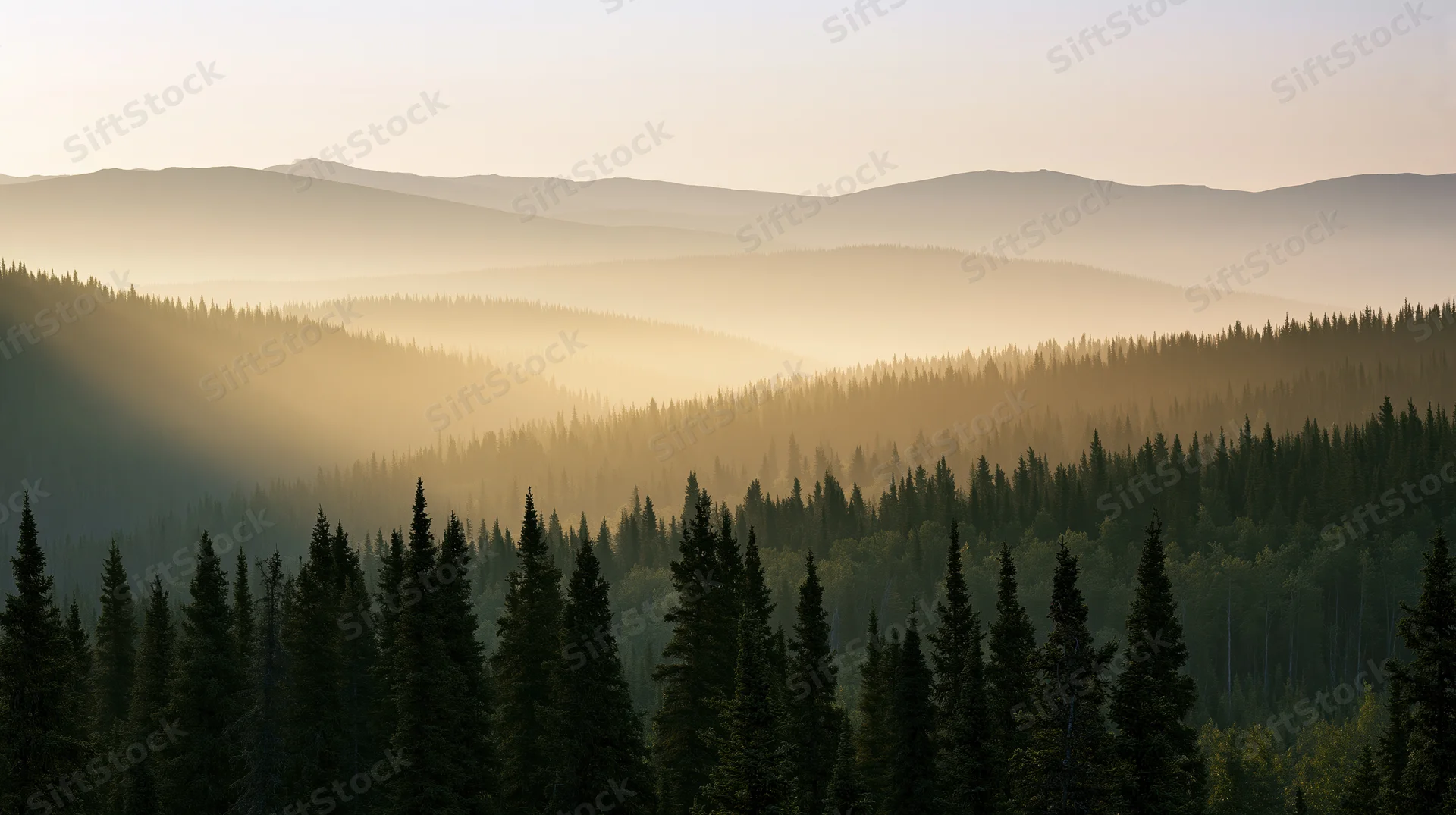 Boreal forest of spruce and pine trees under morning haze with layered mountains in the distance
