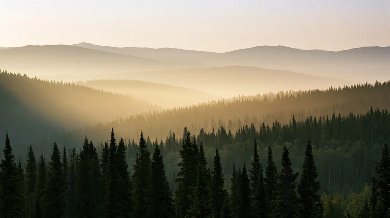 Boreal forest of spruce and pine trees under morning haze with layered mountains in the distance