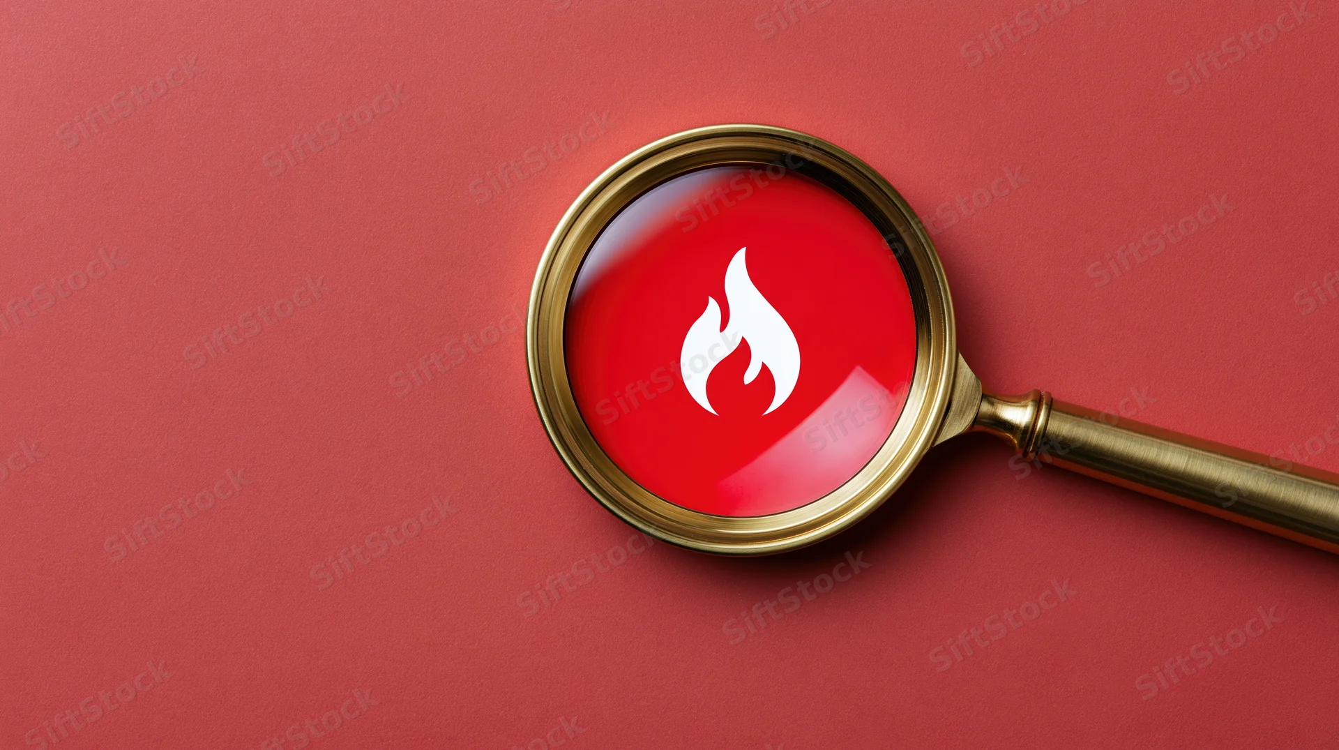 Brass magnifying glass with flame icon on red surface