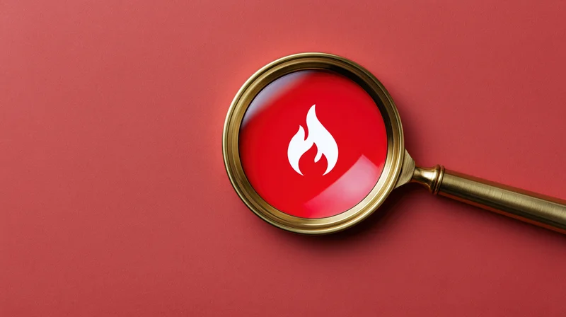 Brass magnifying glass with flame icon on red surface