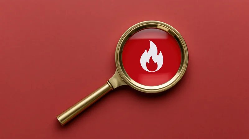 Brass magnifying glass with flame symbol on red surface