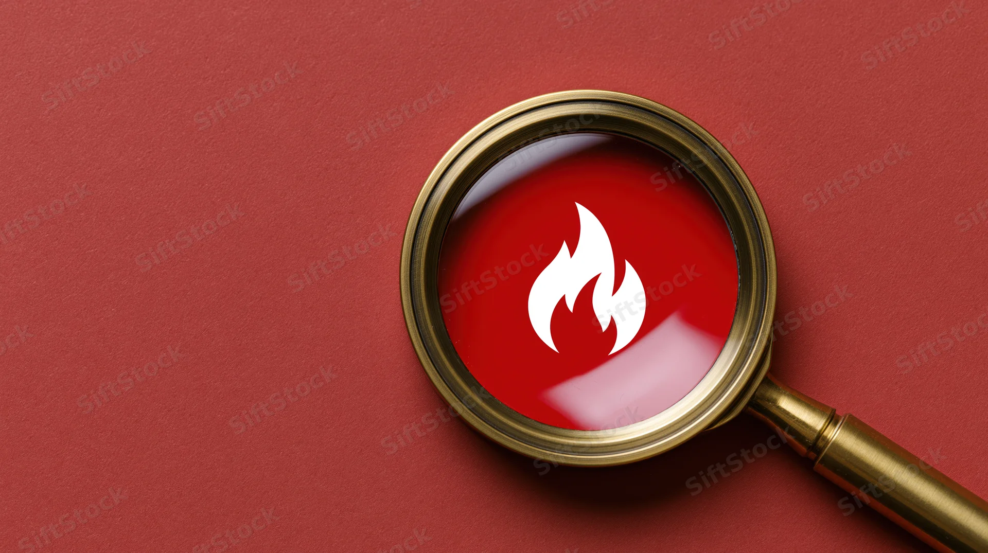 Brass magnifying glass with flame symbol on red surface