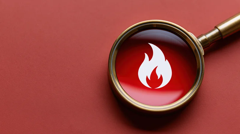 Brass magnifying glass with flame symbol on red surface