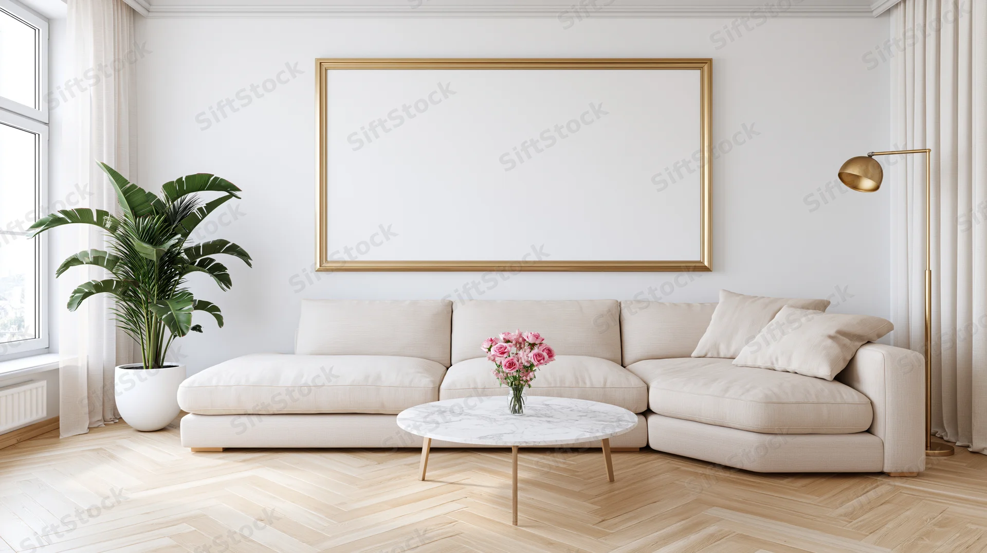Beige linen lshaped sofa in bright modern living room with marble coffee table and gold frame on white wall
