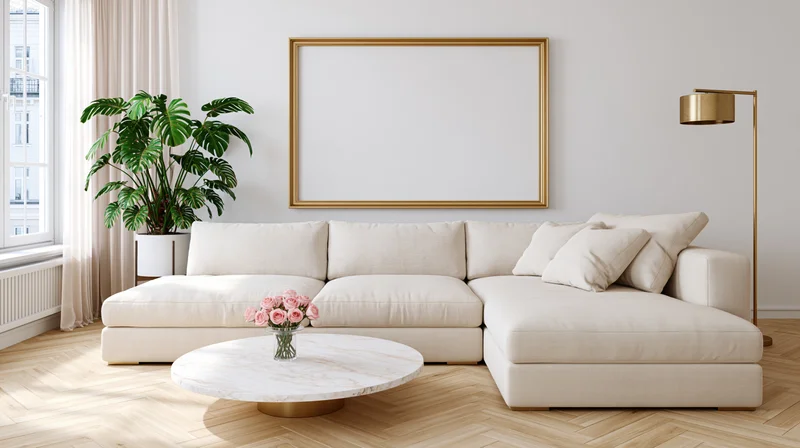 Beige linen lshaped sofa in modern living room with marble coffee table and gold frame mockup