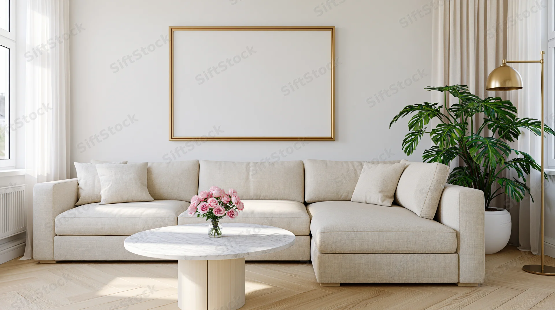 Beige linen lshaped sofa in modern living room with marble coffee table and gold frame on wall