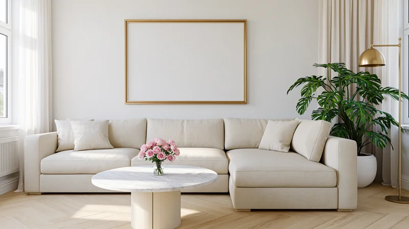 Beige linen lshaped sofa in modern living room with marble coffee table and gold frame on wall