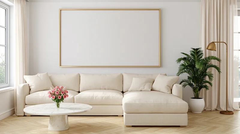 Beige linen lshaped sofa with marble coffee table and potted palm in modern living room