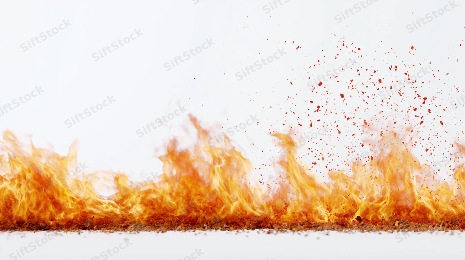 Bright orange and yellow flames burning along the bottom against a white background