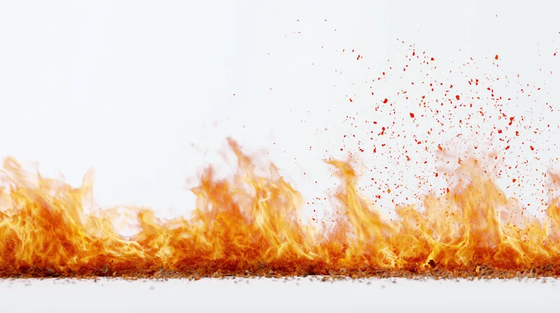 Bright orange and yellow flames burning along the bottom against a white background