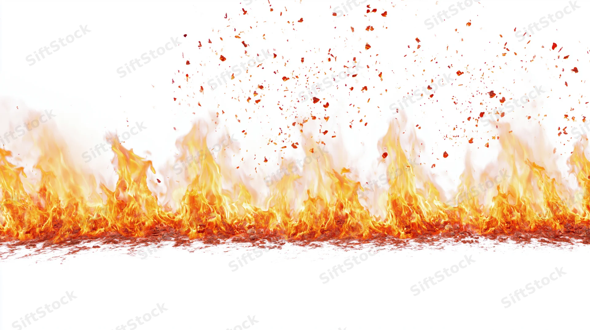 Bright orange and yellow flames rising along the bottom against a white background